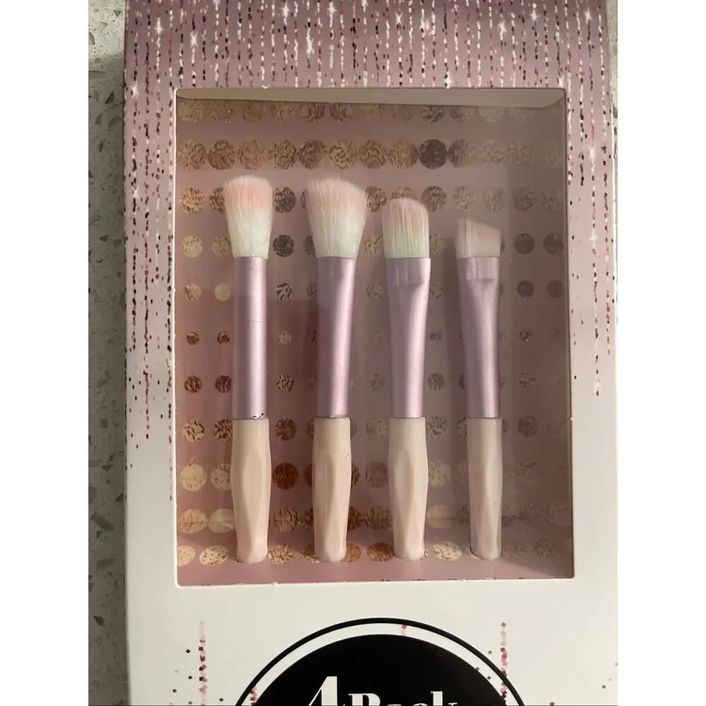 4Pc Makeup Brush Set Contour Blending Eyeshadow Crease Pink Blue Black